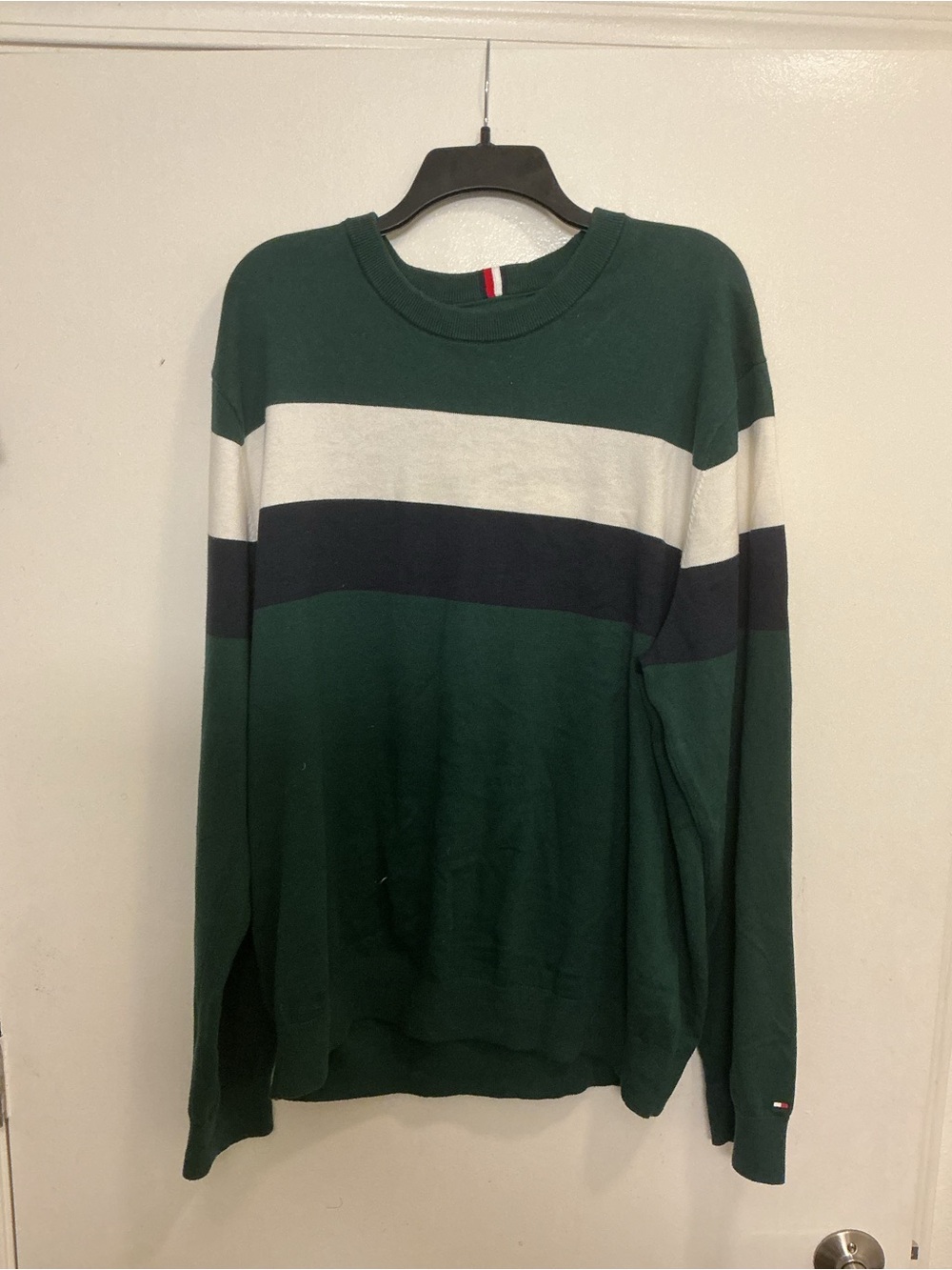 Tommy Hilfiger Green, White & Navy Striped Crewneck Sweater